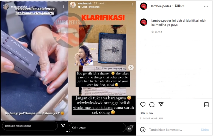 Medina Zein Tanggapi Tudingan Marissya Icha Soal Beri Cincin Berlian Palsu untuk Vanessa Angel