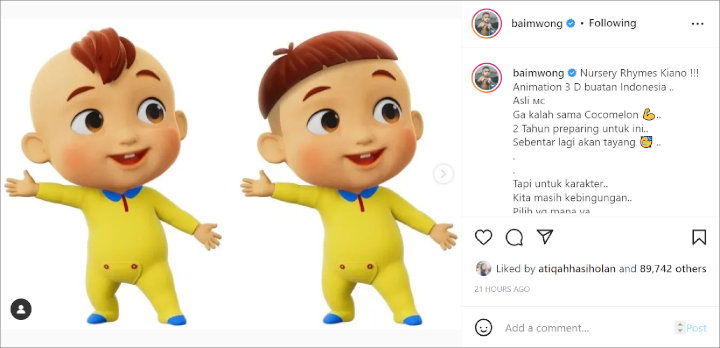Baim Wong Umumkan Proyek Animasi 3D \'Kiano\', Tak Kalah Lucu dari Cocomelon?