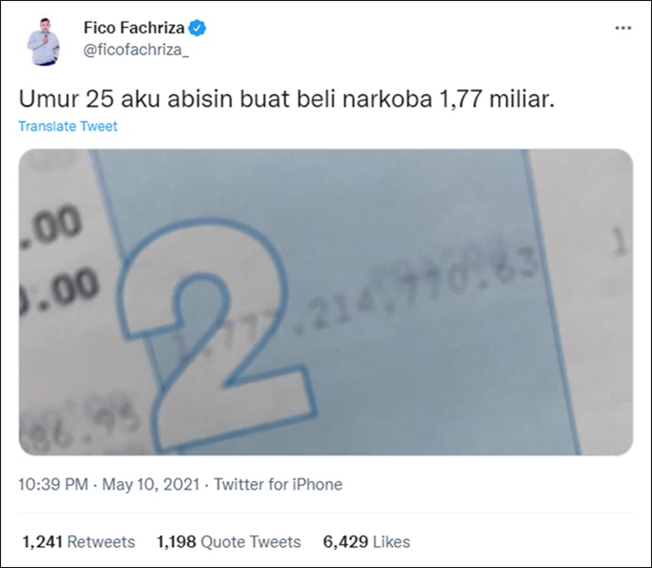 Bikin Syok, Terungkap Jejak Digital Fico Fachruzi Pernah Beli Narkoba Habis Rp1,77 M