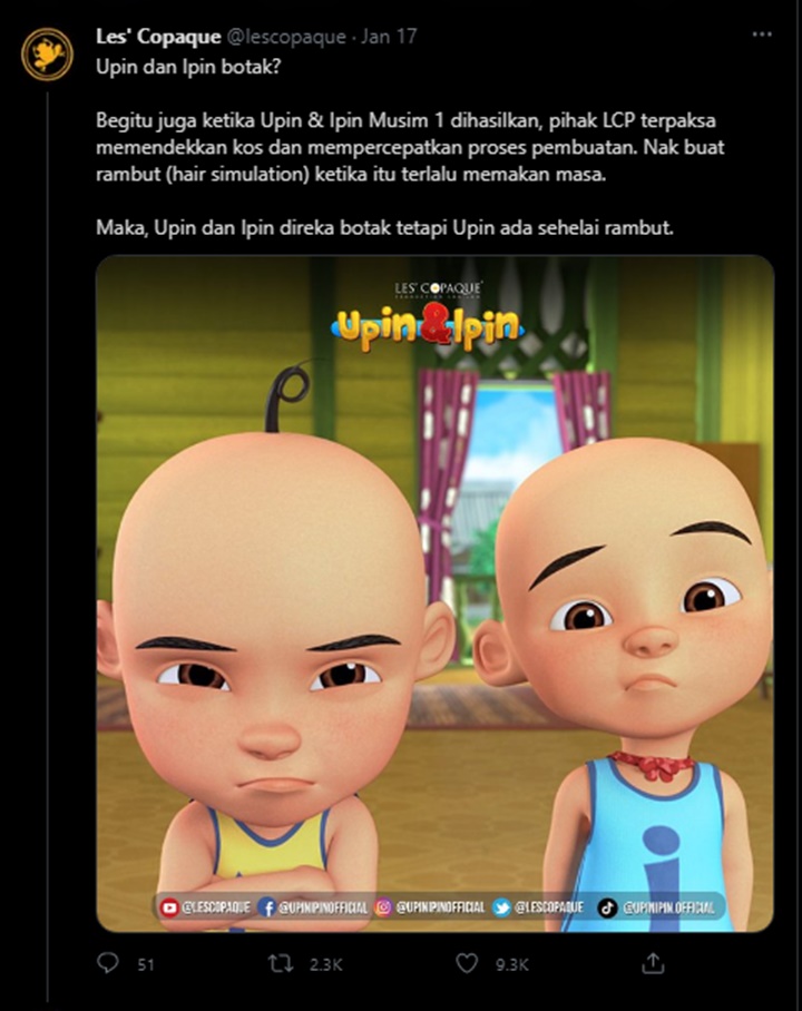 Terungkap Alasan Karakter Kartun Upin dan Ipin Dibuat Botak