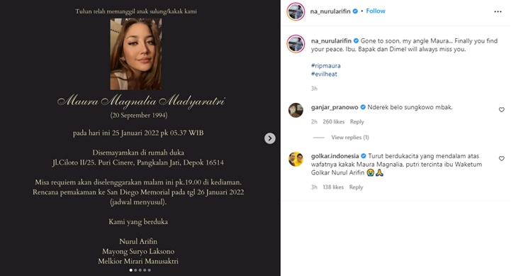 Putri Nurul Arifin Meninggal, Ganjar Pranowo Dan Rekan Politisi Ungkap Belasungkawa
