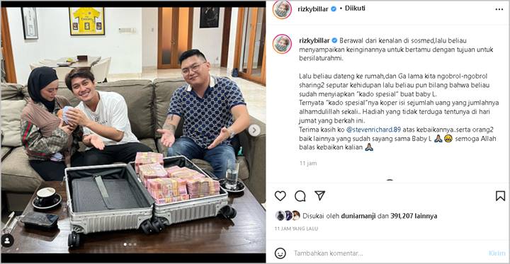 Kenal di Sosmed, Rizky Billar Pamer Rezeki Nomplok untuk Baby L dari Sosok Ini