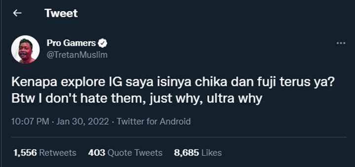 Tretan Muslim Ngeluh Medsos Penuh dengan Wajah Fuji dan Chandrika Chika, Netter Sependapat