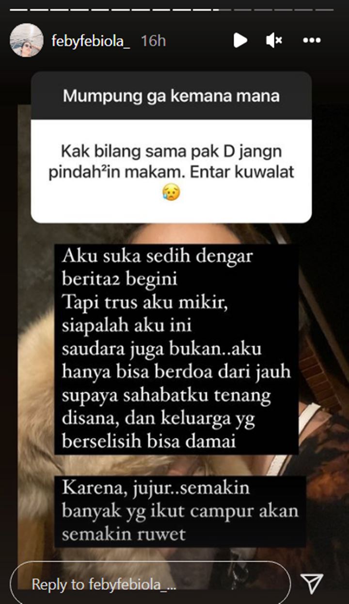 Ini Reaksi Feby Febiola Saat Diminta Ingatkan Doddy Sudrajat Agar Tak Pindahkan Makam Vanessa Angel