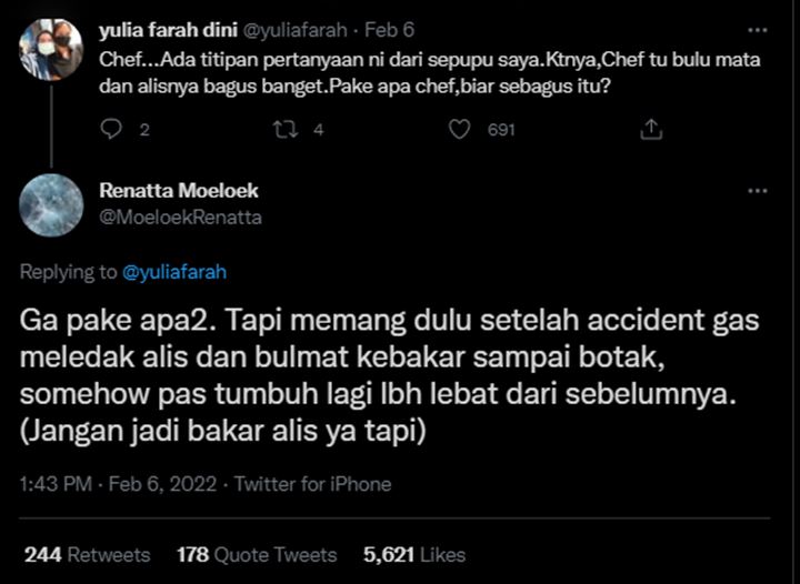Chef Renatta Ungkap Insiden Ledakan Gas Buat Bulu Mata dan Alisnya Jadi Makin Lebat