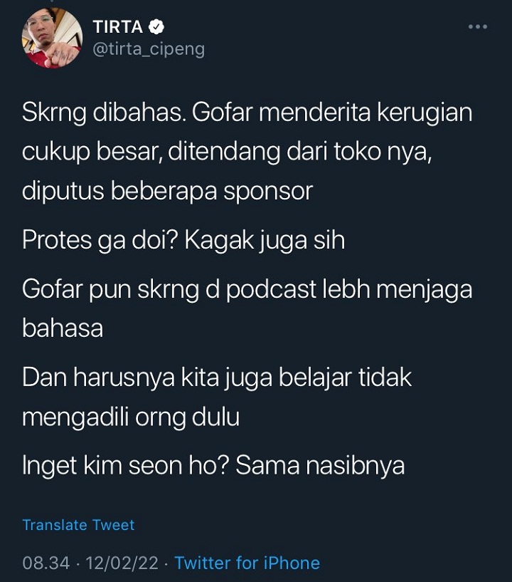 Dr Tirta Samakan Nasib Gofar dengan Kim Seon Ho, Netizen Auto Emosi