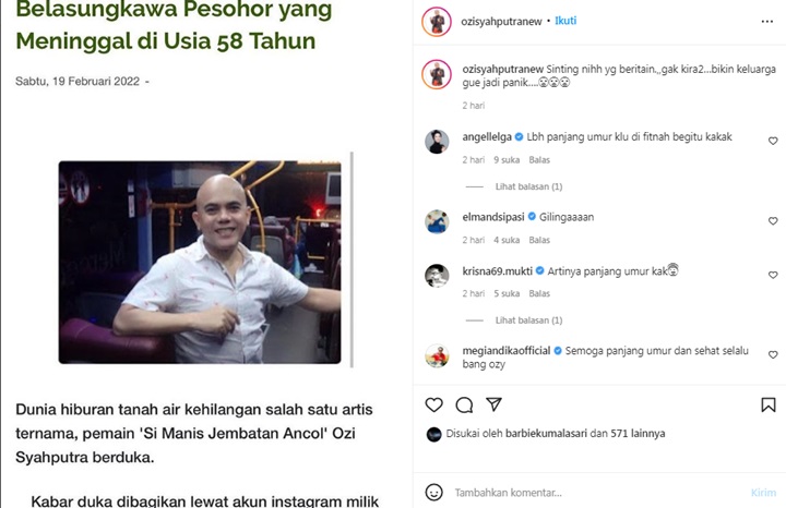 Ozy Syahputra Geram Diberitakan Meninggal Dunia Sampai Buat Keluarga Panik