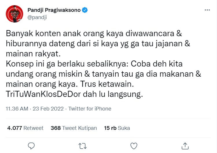 Pandji Pragiwaksono Sindir Anak Orang Kaya Jadi Artis Dadakan Karena Imej Polos