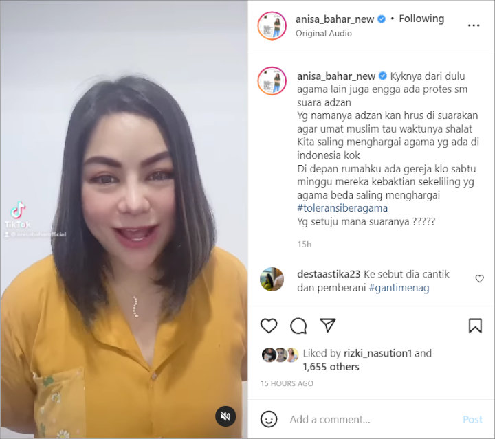 Annisa Bahar Beri Respons Sinis Saat Suara Azan Dibandingkan Gonggongan Anjing