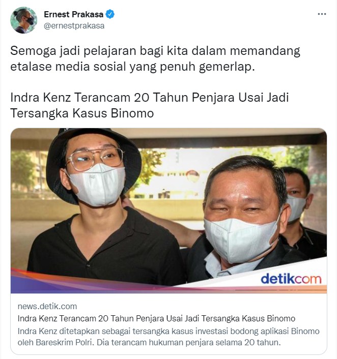 Indra Kenz Terancam 20 Tahun Penjara, Ernest Prakasa Ungkap Ambil Pelajaran Ini