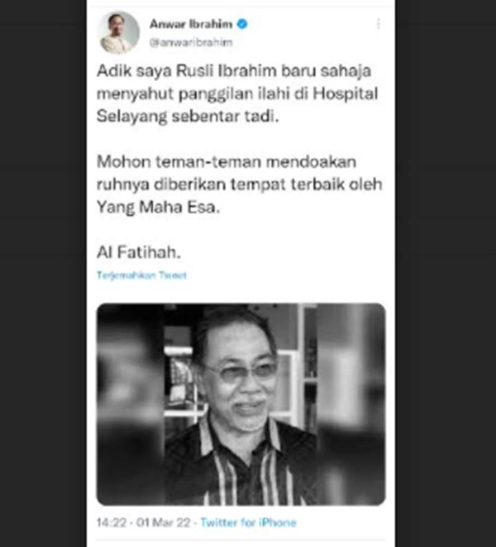 Mantan Perdana Menteri Malaysia Anwar Ibrahim Berduka, Rusli Ibrahim Sang Adik Meninggal Dunia