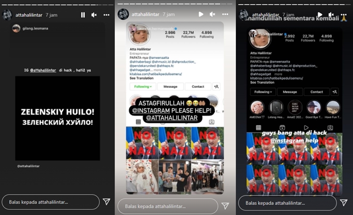 Instagram Atta Halilintar Sempat Di-Hack, Posting Foto Presiden Ukraina dan Pakai Bahasa Rusia