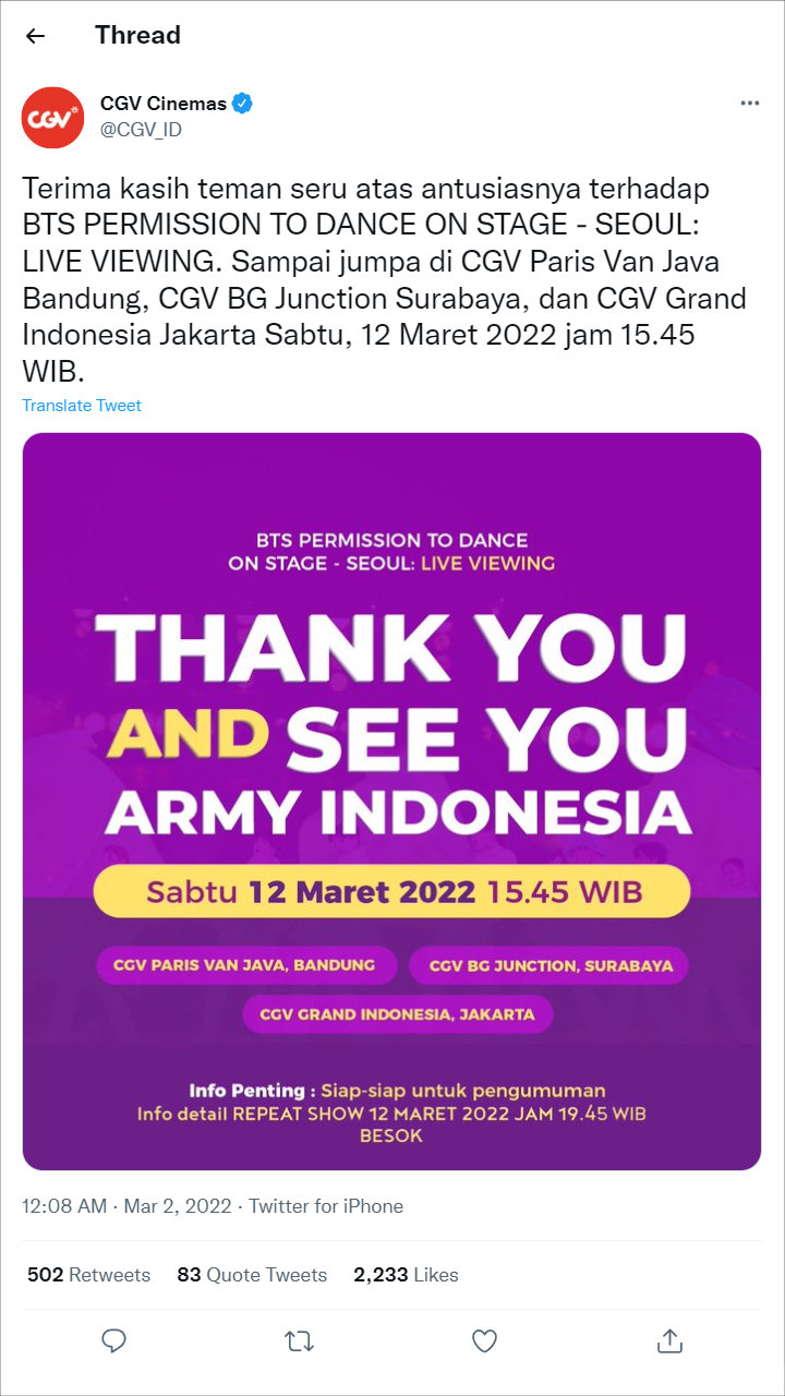Pre-Sale Tiket Konser BTS di CGV Diwarnai Server Error, Repeat Show Siap Diserbu ARMY 1