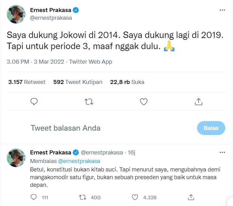 Ernest Prakasa Ogah Dukung Wacana Presiden Jokowi 3 Periode, Ibaratkan Kartu Merah
