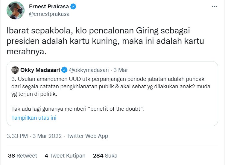 Ernest Prakasa Ogah Dukung Wacana Presiden Jokowi 3 Periode, Ibaratkan Kartu Merah