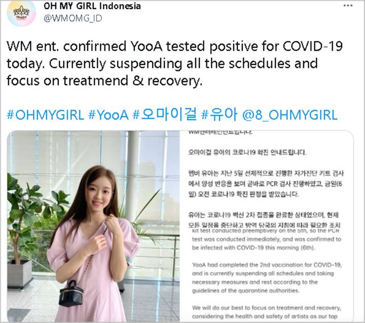 YooA Oh My Girl Dikonfirmasi Positif Covid-19, Agensi Rilis Pernyataan Terkait Penundaan Aktivitas