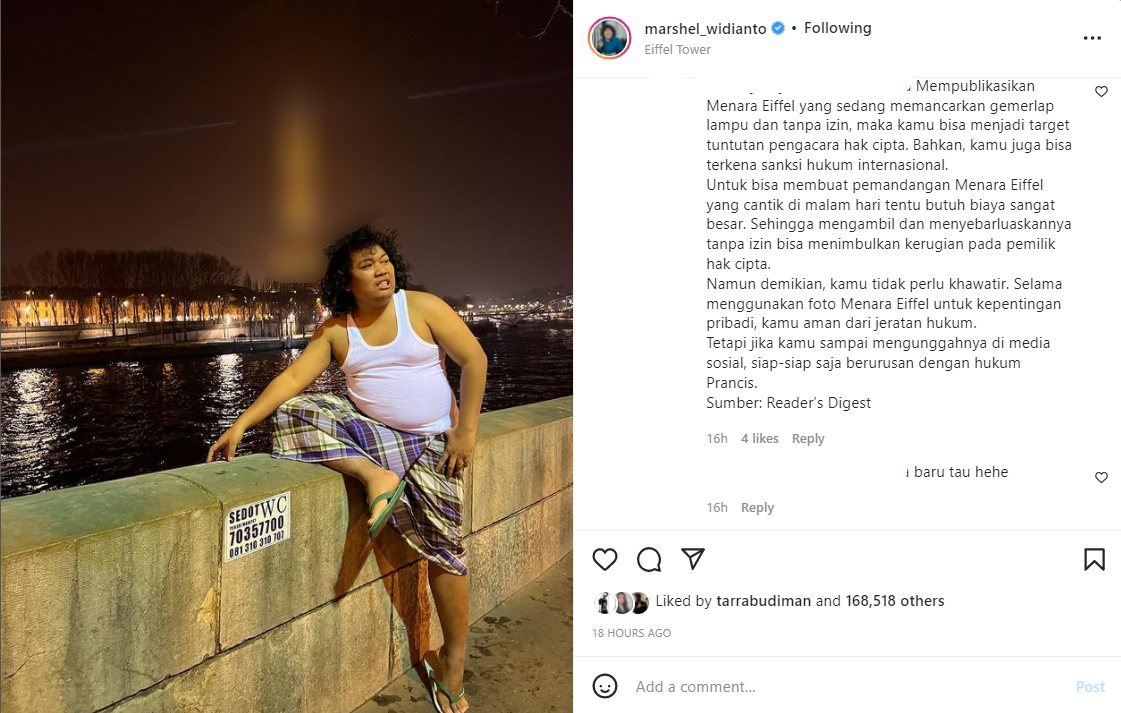 Foto Marshel Widianto dengan Menara Eiffel Ini Diduga Terancam Sanksi Hukum, Langgar Hak Cipta?