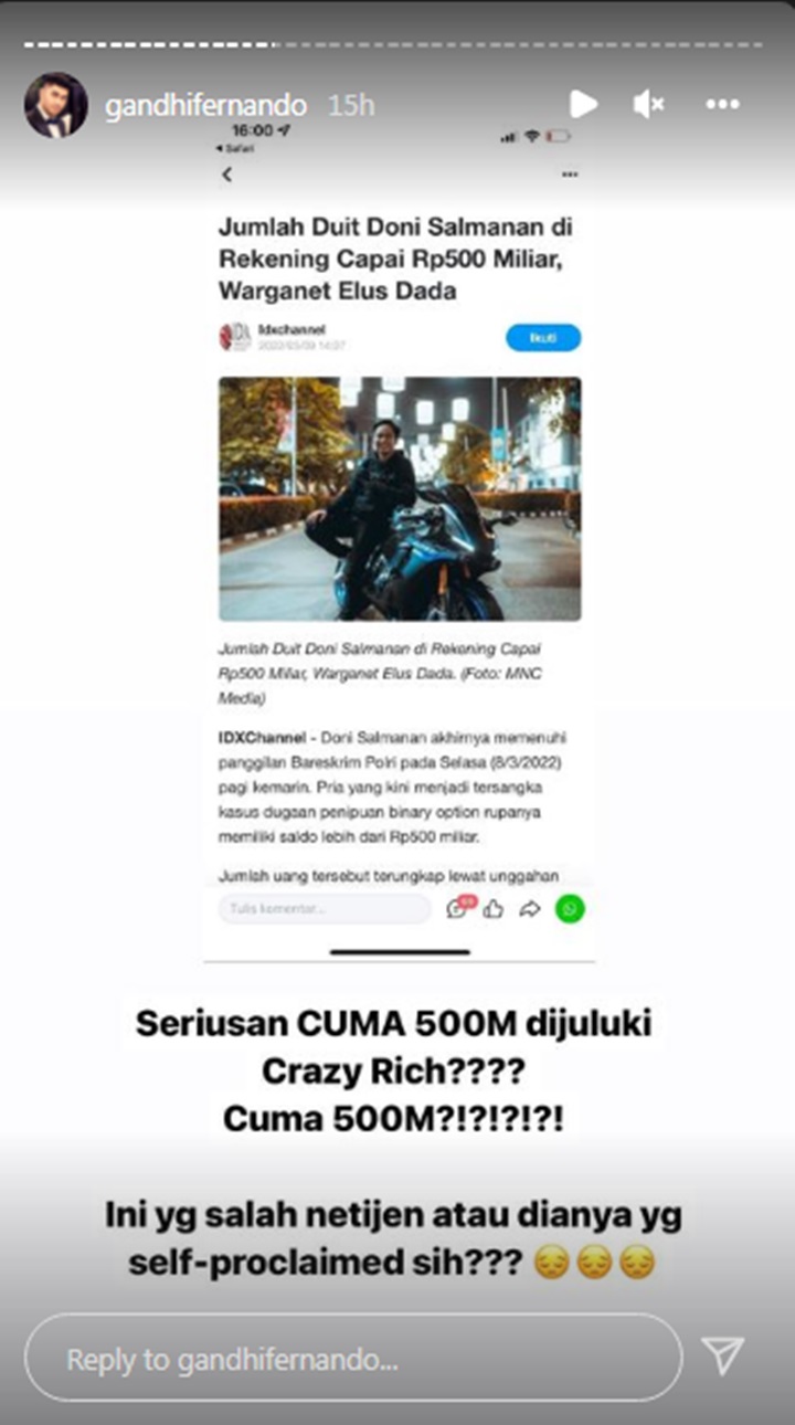 Gandhi Fernando Heran Doni Salmanan Disebut Crazy Rich Hanya Karena Isi Rekening Capai Rp 500 Miliar