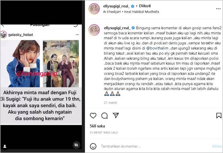 Minta Maaf Berulang ke Fuji Hingga Beri Sanjungan, Ely Sugigi Bela Diri Usai Dituding Takut Dipolisi