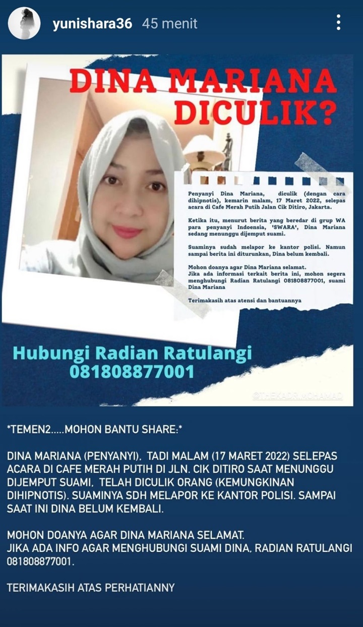 Penyanyi Lawas Dina Mariana Hilang Diduga Diculik, Ini Kata Pihak Kepolisian