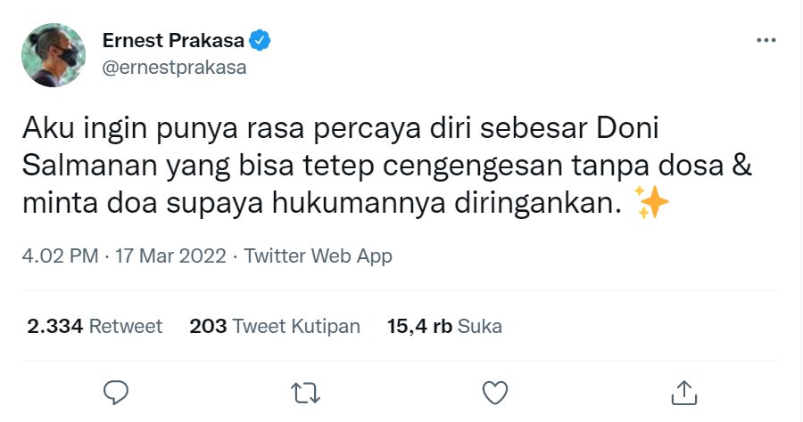 Ernest Prakasa Sindir Doni Salmanan Cengengesan Saat Minta Maaf Terkait Kasus Penipuan
