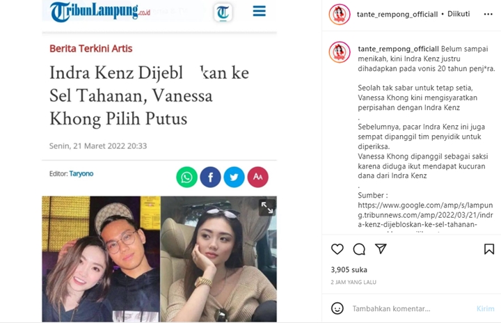 Beredar Rumor Indra Kenz Diputusin, Vanessa Khong Malah Banjir Dukungan?