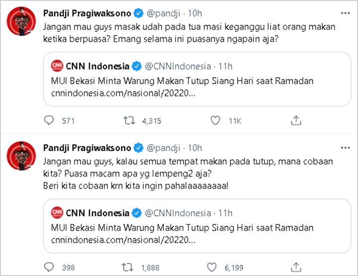 Pandji Pragiwaksono Balik Tanyakan Ini Usai MUI Bekasi Minta Warteg Tutup Siang Hari Saat Ramadan