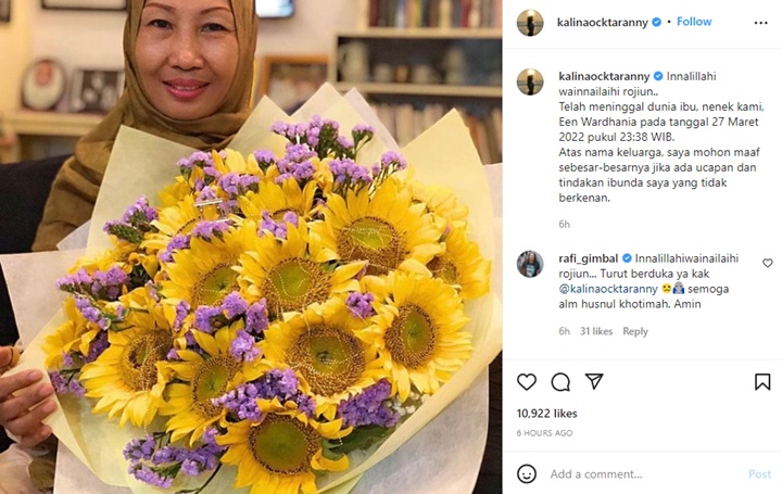 Kabar Duka, Ibunda Kalina Oktarani Meninggal Dunia