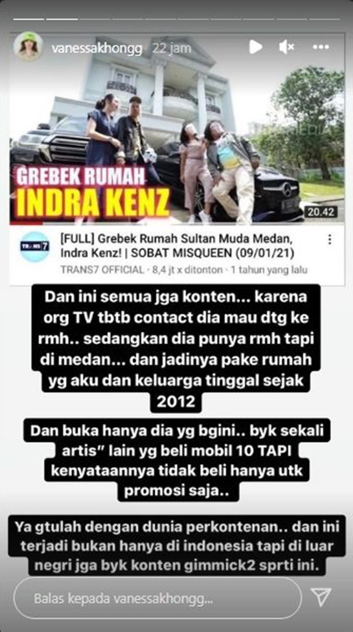Vanessa Khong Bongkar Rahasia Indra Kenz Dibalik Konten Pamer Rumah Mewah di TV