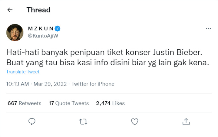 Kunto Aji Peringatkan Marak Penipuan Tiket Konser Justin Bieber, Beri Lapak Untuk Korban