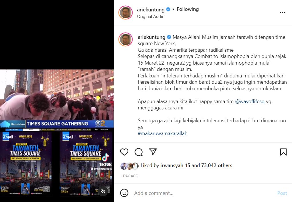 Begini Tanggapan Arie Untung Usai Tahu Umat Muslim Tarawih Perdana di Times Square
