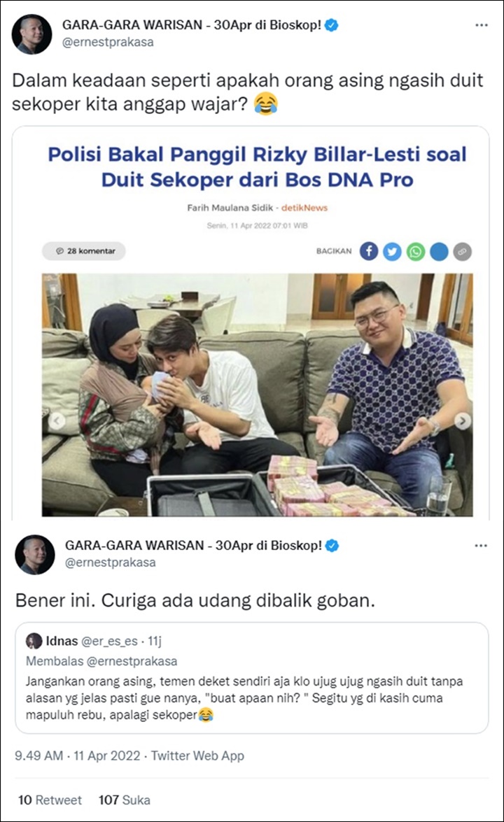 Ernest Prakasa Heran Rizky Billar dan Lesty Kejora Gampang Banget Terima Duit Sekoper