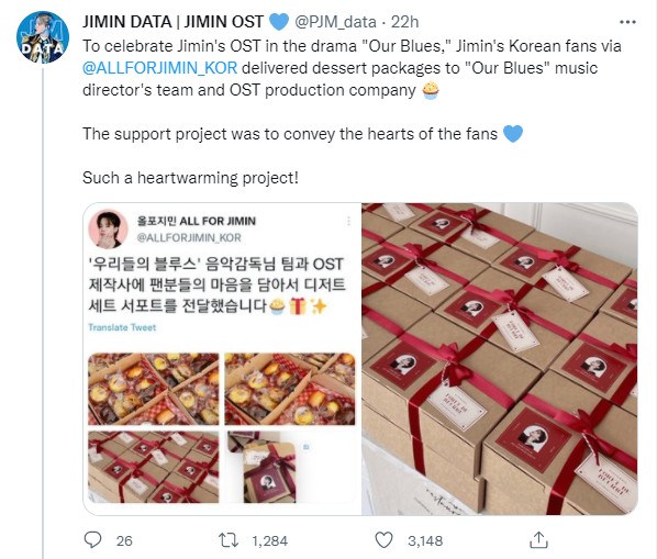 Fans Jimin BTS di Korea Kirim Hadiah ke Staf Produksi OST Drama \'Our Blues\'