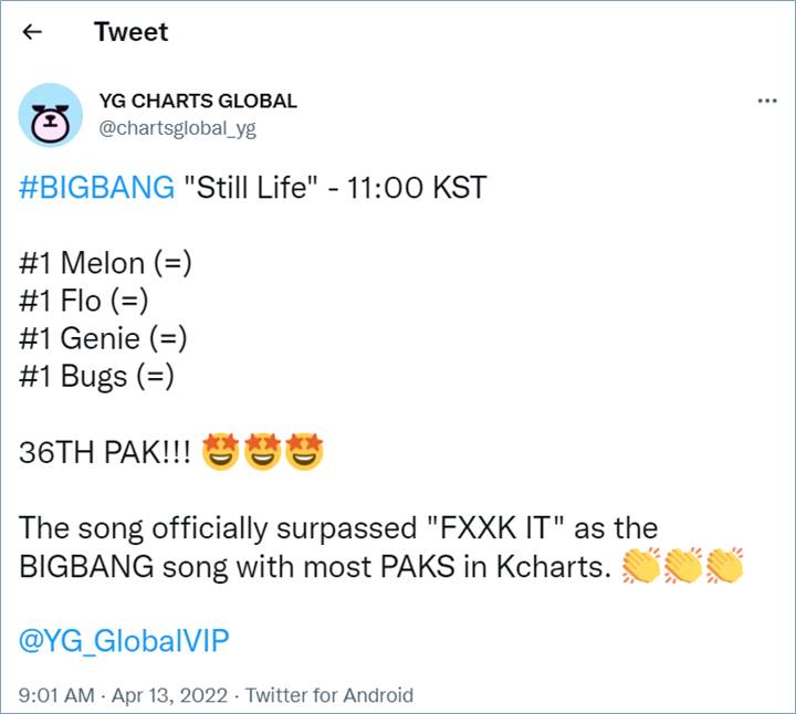 BIGBANG memecahkan rekor pribadi untuk lagu mendapatkan sertifikasi Perfect All-Kill
