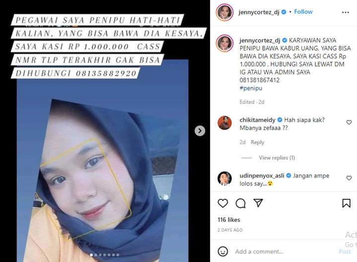 Jenny Cortez Gelar Sayembara Tangkap Karyawan Yang Bawa Kabur Uangnya, Masih di Bawah Umur?