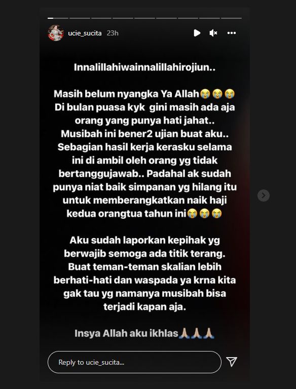Nyesek Banget, Ucie Sucita Sebut Uang yang Raib untuk Berangkatkan Orangtua Haji