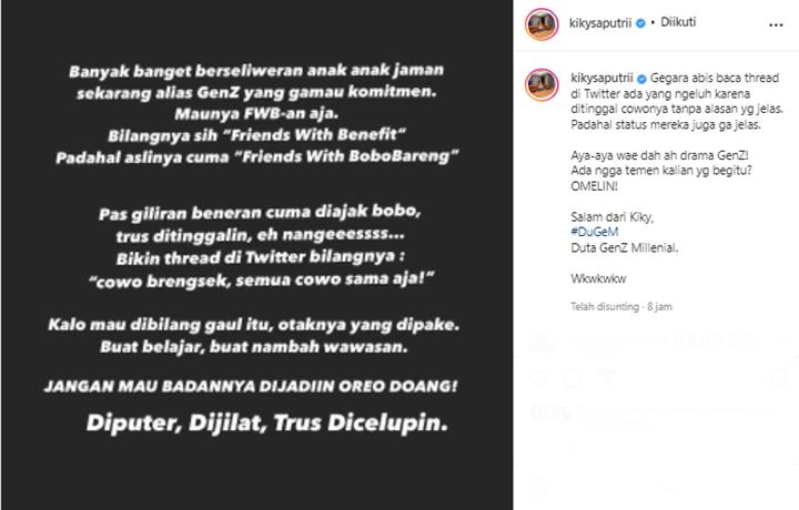 Kesal, Kiky Saputri Beri Kritik Pedas Untuk GenZ yang Ogah Pacaran Tapi Maunya FWB