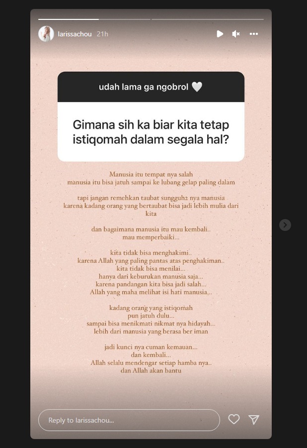 Begini Balasan Bijak Larissa Chou Kala Ditanya Cara Agar Tetap Istiqamah