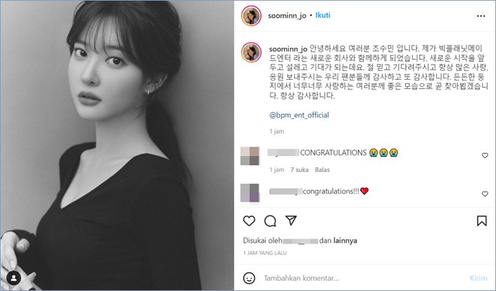 Jo Soo Min menuliskan pesan usai bergabung di BPM Entertainment