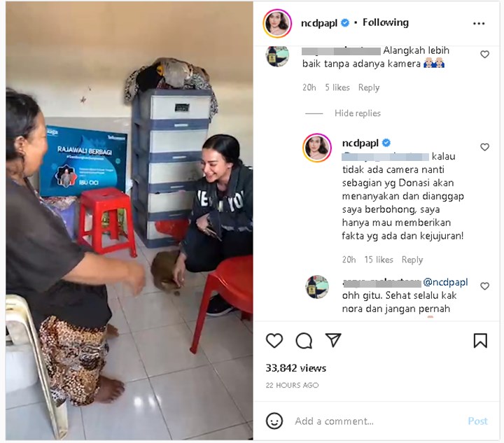 Nora Alexandra Bereaksi Usai Disindir Pamer Saat Berbagi