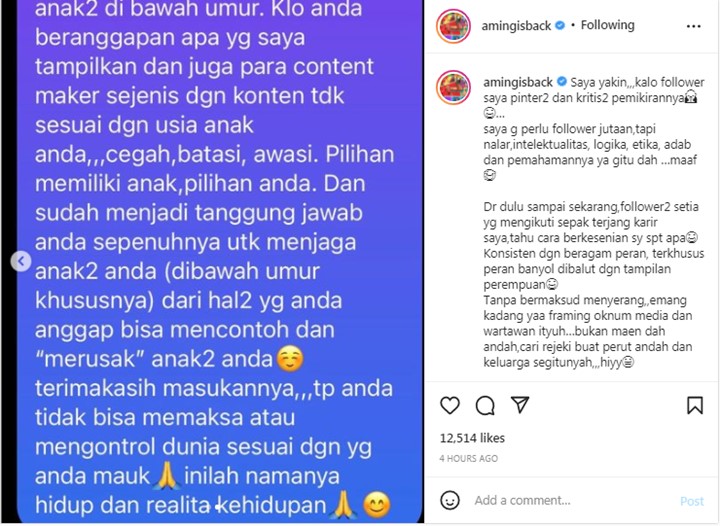 Aming Tanggapi Kritik Soal Pamer Belahan Dada Palsu Berdampak ke Anak-Anak: Bukan Dinas Sosial