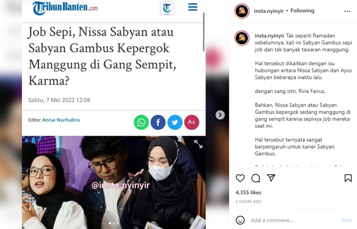 Sepi Job, Nissa Sabyan dan Ayus Disindir Habis-habisan Usai Terciduk Manggung di Gang Sempit