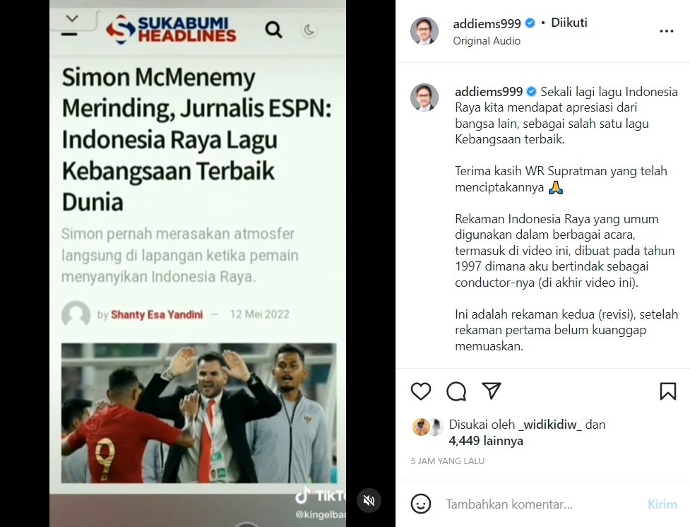 Addie MS Tanggapi Soal \'Indonesia Raya\' Disebut Jadi Lagu Kebangsaan Terbaik di Dunia