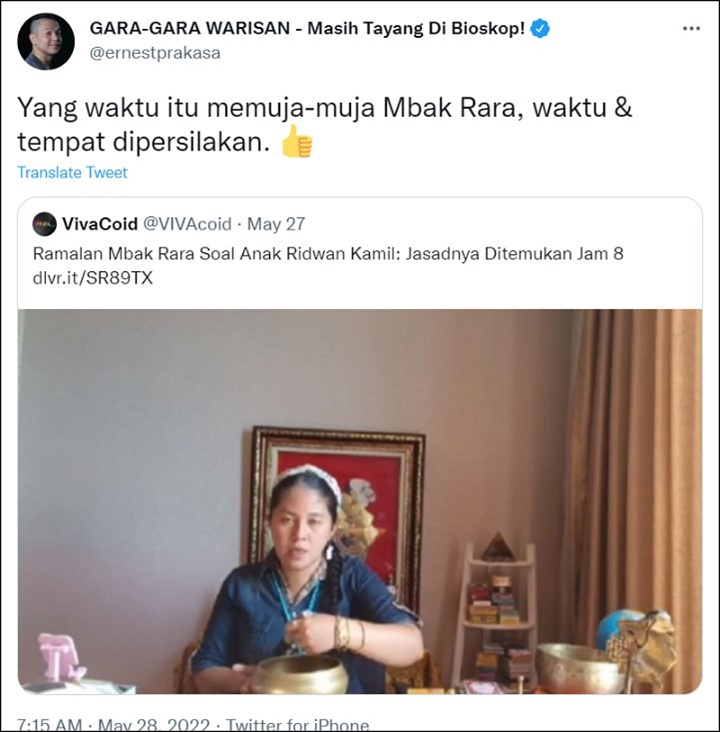 Terusik, Ernest Prakasa Sentil Mbak Rara yang Seenaknya Ramal Nasib Putra Ridwan Kamil