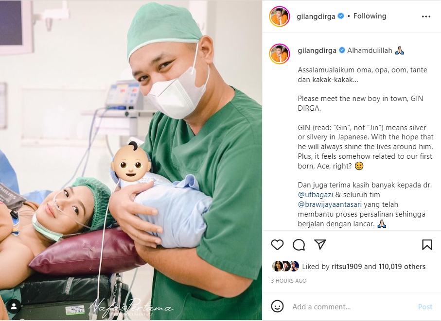 Gilang Dirga dan Adiezty Fersa Dikaruniai Anak Pertama, Ini Arti Nama Indah Buah Hati