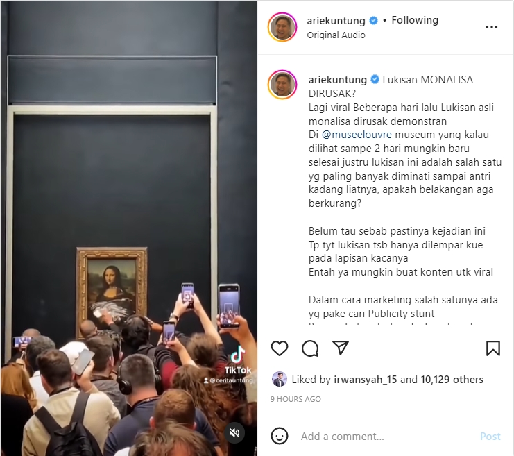 Arie Untung Soroti Lukisan Mona Lisa \'Dirusak\' Seorang Pria, Curigai Hal Ini