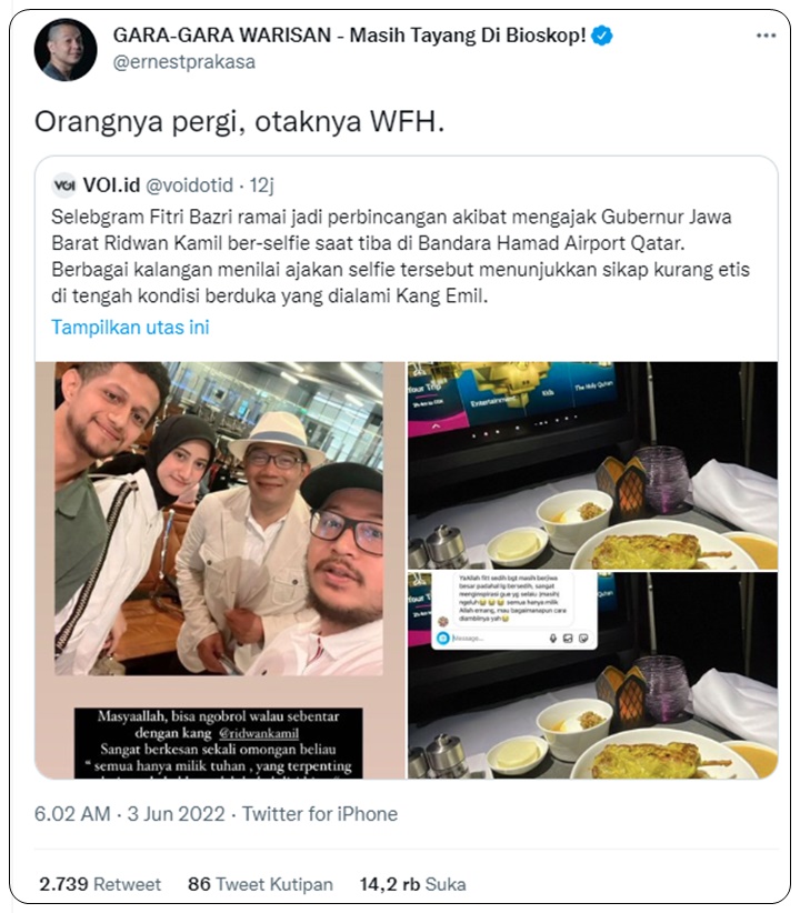 Ernest Prakasa Kecam Selebgram yang Ajak Ridwan Kamil Foto di Bandara, Netter: RIP Empati