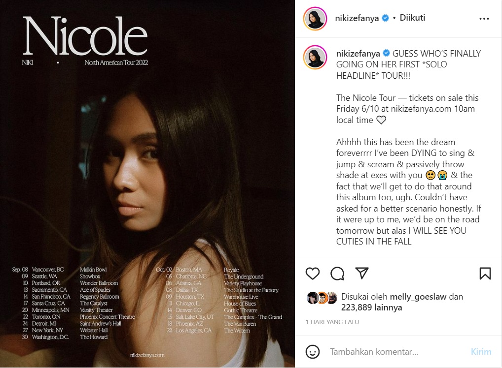 Bagikan Kabar Bahagia, NIKI Umumkan Bakal Gelar Tur Konser Tunggal