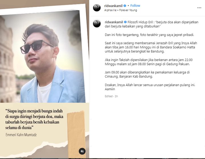 Dampingi Kepulangan Jenazah Eril, Ridwan Kamil Bagikan Potret Putranya yang Paling Ganteng