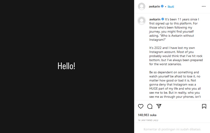 Awkarin Mendadak Pamit Tinggalkan Instagram dengan Jutaan Followers, Ada Apa?